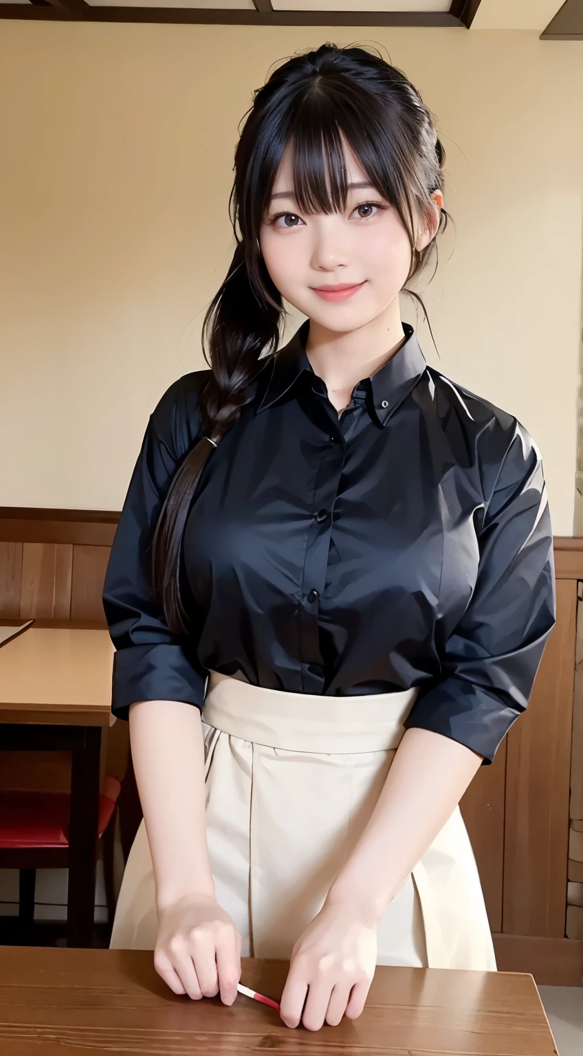 (highest quality,masterpiece:1.3,ultra high resolution,),(Super detailed,caustics),(Photoreal:1.4,RAW shooting,)ultra-realistic capture,very detailed,High resolution 16K human skin close-up。 natural skin texture、,The pores are、、、、Must be detailed enough to be easily identified。 Skin should look even-toned and healthy。 Use natural light and color,restaurant,waitress uniform,1 girl,Japanese,18-year-old,cute,black haired,ponytail,big breasts,smile,turn your body forward,(Front view:1.1),look at the camera,cowboy shot,