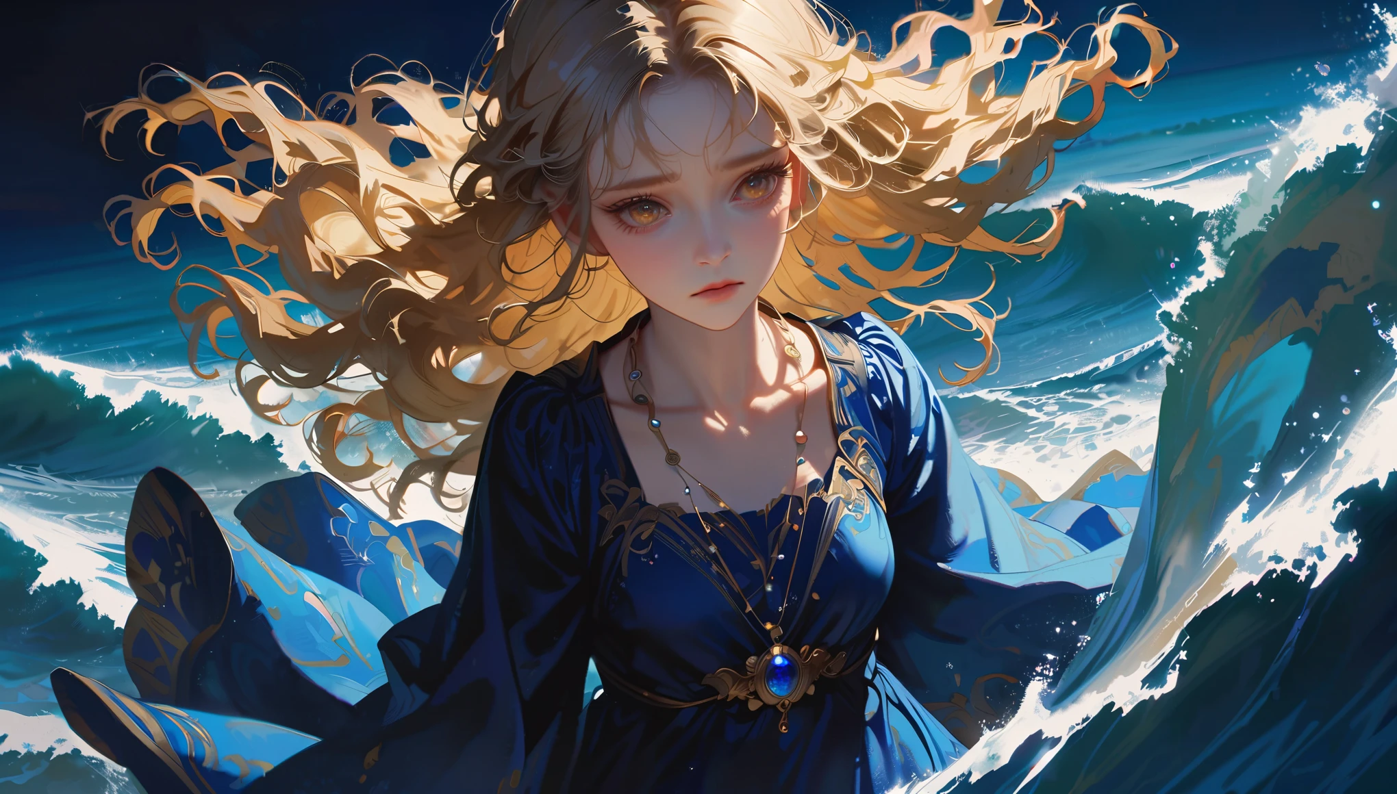 A girl,long blue dress,curly blond hair, long hair,golden eyes,long eyelashes,with a blue gemstone necklace,sad look,Outdoors,blue ocean,a sea of diamonds,white waves, ((stars)),night,dark,distant,fullbody,Sideways to the audience,long shot,(best quality),hires,8k,{realistic}