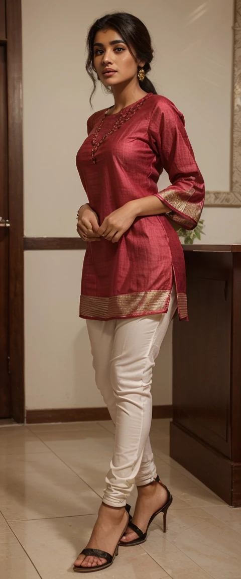 (full body shot), (inspired by Amy Jackson), A beautiful Indian women wearing a net kurta, (knee length kurta, laces kurta, net sleeve, skinny salwar), perky breasts, deep neck, Indian outfits, beautiful suit, gorgeous looking, ultra detailed face, red lips, high heel, high quality picture, candid picture, ultra detailed face, realistic face, Indian outfits, Indian traditional, elegant costumes, ,1 girl