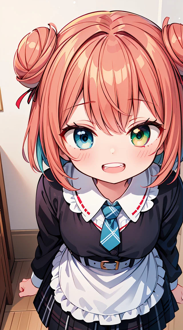 (masterpiece, highest quality, highest quality, official art, beautiful and aesthetic:1.2),Super detailed,intricate details,great illustrations,award winning art,in the atmosphere,
break, 1 beautiful girl, (cute:1.5), (Chibi: 0.8), (cute: 1.5), (upon: 0.5), ( girl), break(redhead, short hair,Two buns of hair:1.4),(:d,grin and laugh:1.3),( heterochromia,blue eyes,green eyes, eye highlights,first ultrafine star:1.45) star eye silhouette thick eyelashes, Bare double eyelids:1.2),(white skin),break,beautiful skin,beautiful skin, ,(highest quality faces),(目はhighest qualityで輝く),(Best funny face,:d:1.45),
break,arm under chest,
break, tie, leather jacket, plaid skirt, belt, boots, black legwear,
break,
Are standing, (messy room:1.2), white apron, ponytail, (From above:0.8), brown hair, (troubled face:1.2)
break,(blurred background:1.3),(absurd, High resolution, Super detail Art),cel shading,clear color, optical effect, beautiful photo, bright shine, mysterious atmosphere,(girl close-up:1.1), mysterious light particle effect,Manga influence, beautiful line drawing,