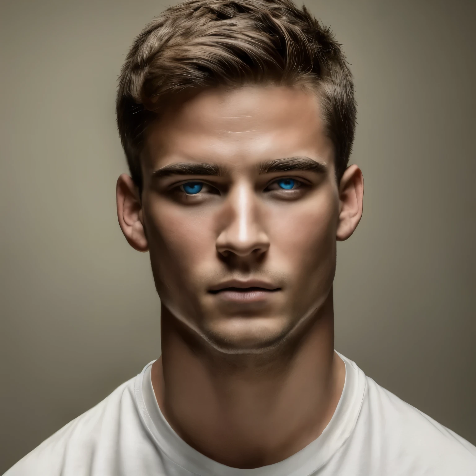 portrait of a 25 year old man, blue glacial eyes, short hair, thin slender lips, highly detailed face, wearing a white t-shirt, looking confident, charming and sad, front view (best quality, 4k, highres, masterpiece:1.2), ultra-detailed, (realistic, photorealistic, photo-realistic:1.37), portraits, very realistic eyes