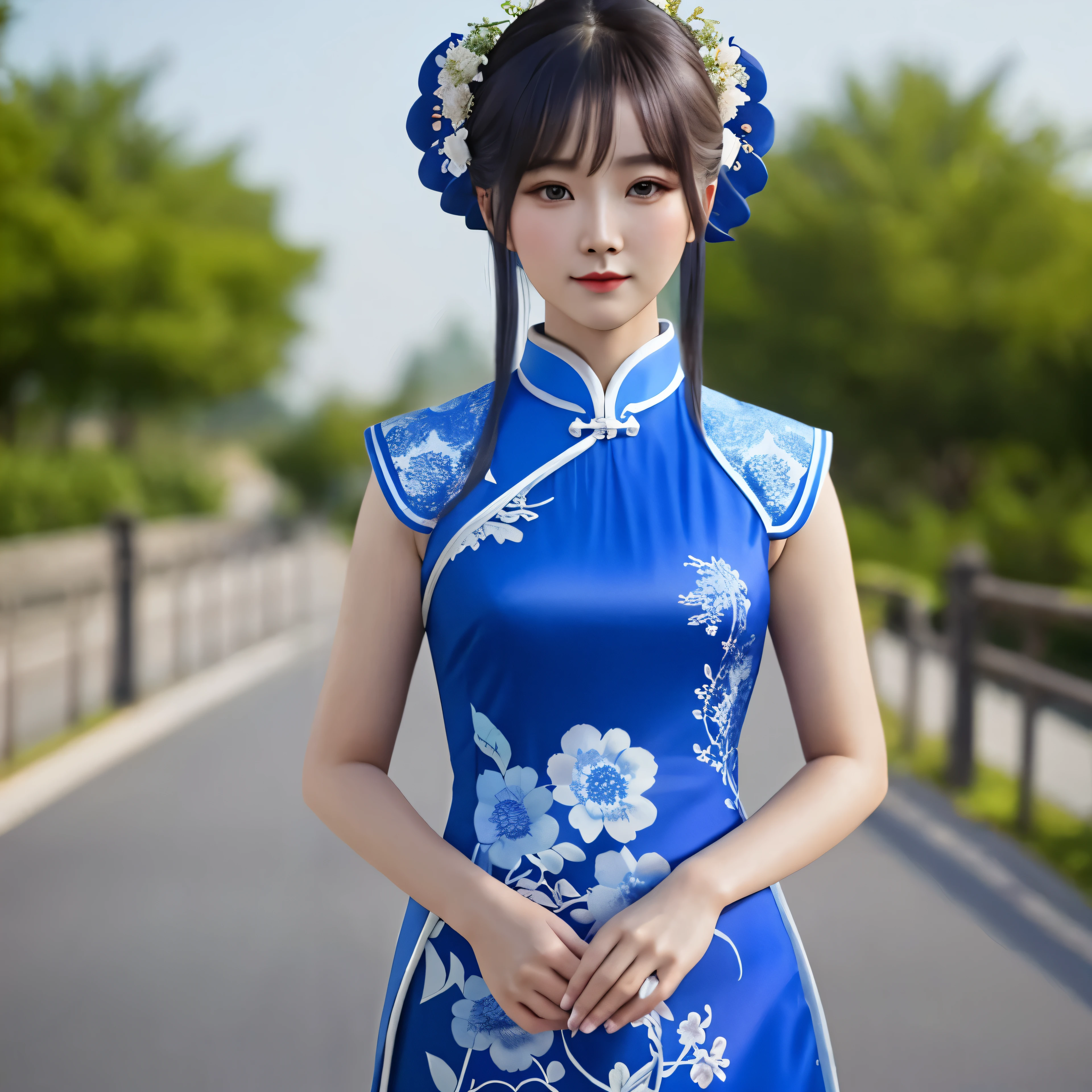 Close-up of woman wearing blue and white patterned dress, Chinese girl, Inspired by Shen Si Zheng, cheongsam, full body xianxia, inspired by trees, Anime style 3D, in a blue qipao, cheongsam, 3d anime girl, Wearing blue cheongsam, detailed picture, Upper body details,Cross your hands in front,Body facing forward