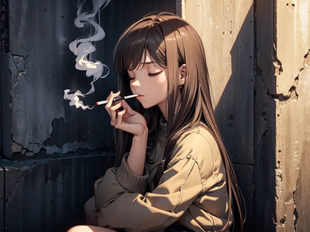 a girl smoking a cigarette, smoking, smoker, long brown hair, eyes closed, she's in extase, she's enjoying it, alone, black wall, (((masterpiece))), the area is a squat, highly detailled face, she's sitting