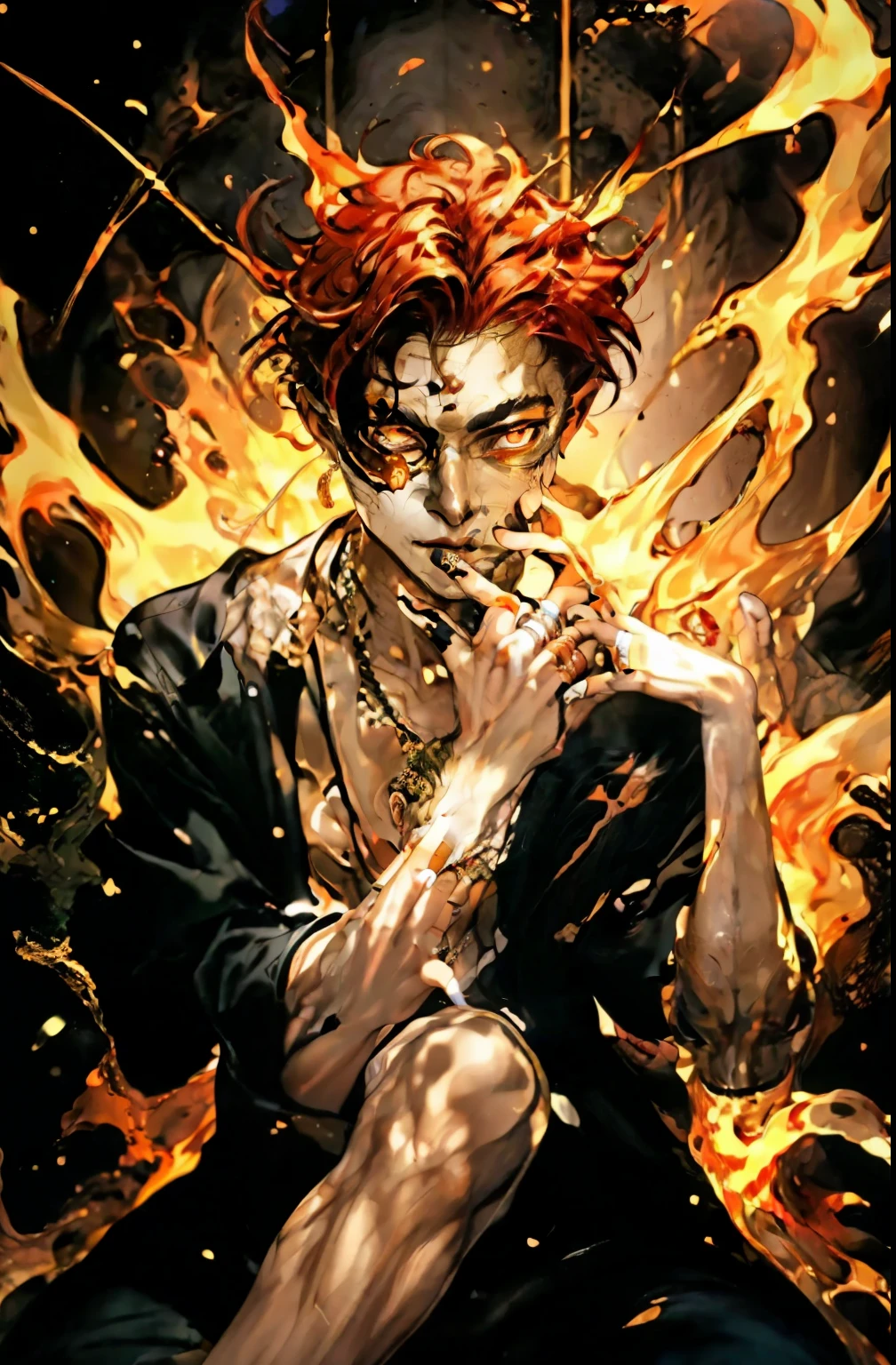 Henshin, solo, looking_at_viewer, short_hair, shirt, red_hair, 1boy, jewelry, jacket, red_eyes, upper_body, male_focus, earrings, hand_up, nail_polish, orange_eyes, black_shirt, mask, glowing, ring, fire, black_background, black_nails, one_eye_covered, multiple_rings, ultra realistic,32k,RAW photo,(high detailed skin:1.2), 8k uhd, dslr, soft lighting, high quality, film grain,sitting on a chair,leg croes