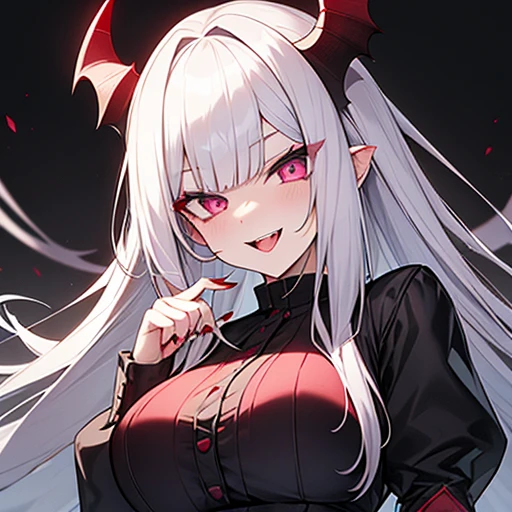 silver hair、slanted eyes、pink eyes、red eyeshadow、pale skin、open mouth and stick out tongue、vampire、Ruthless smile、Black fancy dress、big breasts、darkness、Fight、Insanity、murderous intent、cool、Ahe face、red nails、Pulsating、devil castle