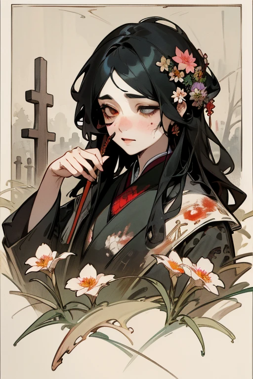  highest quality, High resolution, Female Upper Body, detailed , 手のdetailed, 指のdetailed, 面のdetailed, 脚のdetailed, watercolor painting, at the cemetery, black hair, long hair, tattered clothes, black eye, zombie, 頭蓋Bone, Bone, (art nouveau:1.10), detailed and beautiful eyes,非常にdetailedな, beautiful colors,  Flower of the other shore, 