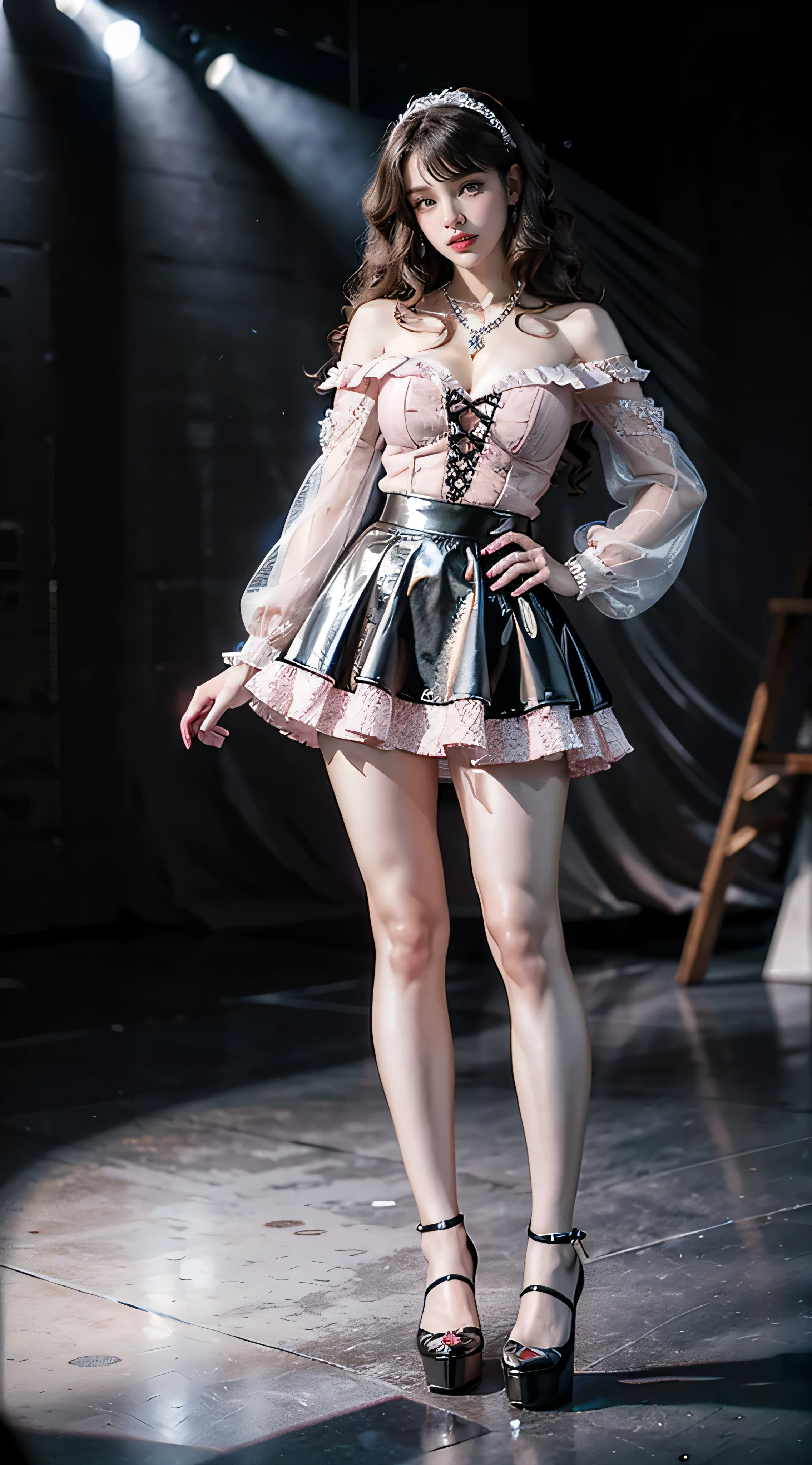 (masterpiece, best quality, realistically, Work, super detailed, 8k), ((Wide-angle lens, Full body female love)), 1 girl，Light makeup，Exquisite facial features，Smile，Exquisite crystal jewelry，heart shaped necklace，light brown hair, Pompadour hairstyle, curls，Correct finger structure，Black Lace Flared Mini Skirt, Pink lace off-shoulder lolita fashion clothing，leather shoes，long legs，front standing posture ，facing the audience，full body portrait，gray background