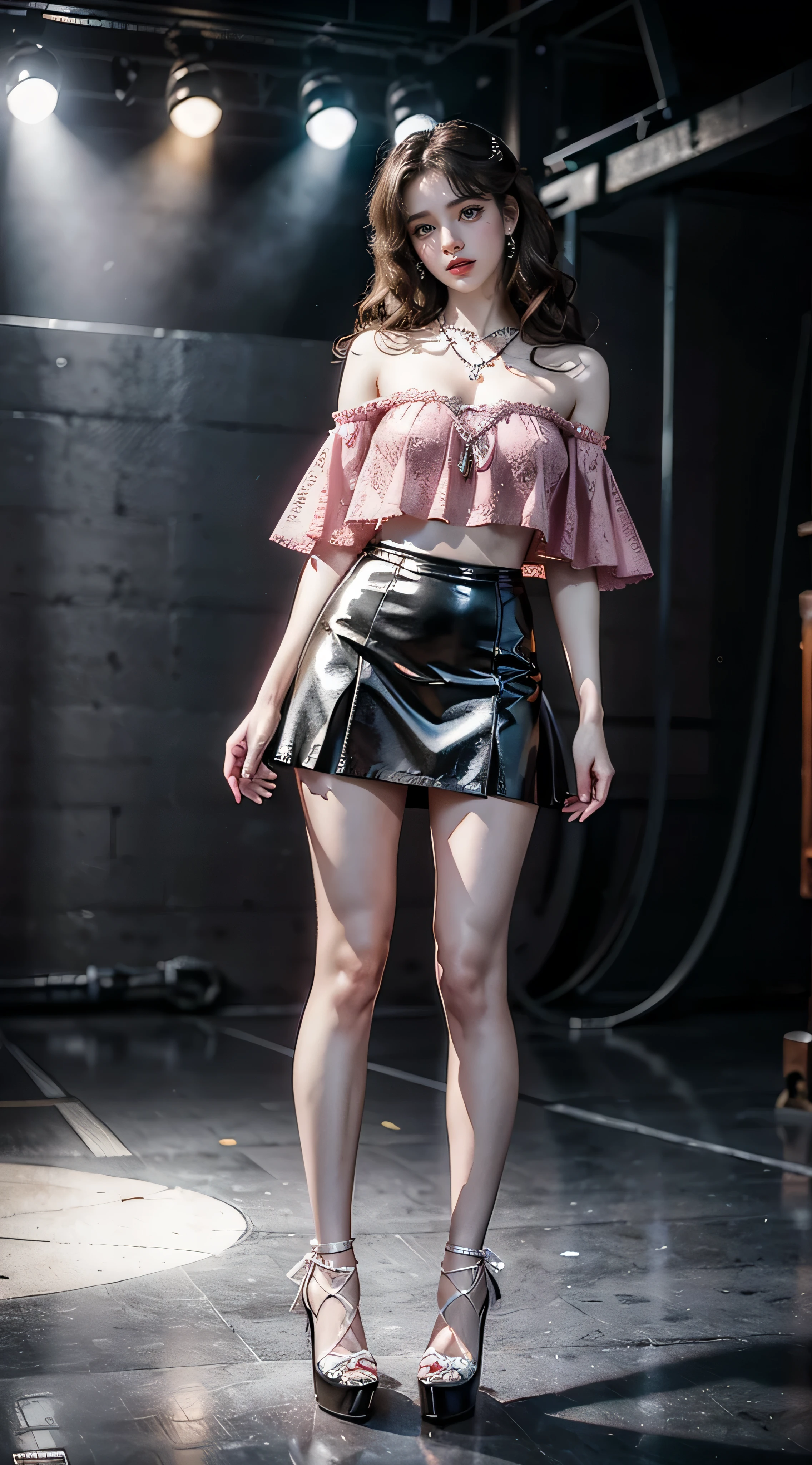 (masterpiece, best quality, realistically, Work, super detailed, 8k), ((Wide-angle lens, Full body female love)), 1 girl，Light makeup，Exquisite facial features，Smile，Exquisite crystal jewelry，heart shaped necklace，light brown hair, Pompadour hairstyle, curls，Correct finger structure，Black Lace Flared Mini Skirt, Pink lace off-shoulder lolita fashion clothing，leather shoes，long legs，front standing posture ，facing the audience，full body portrait，gray background