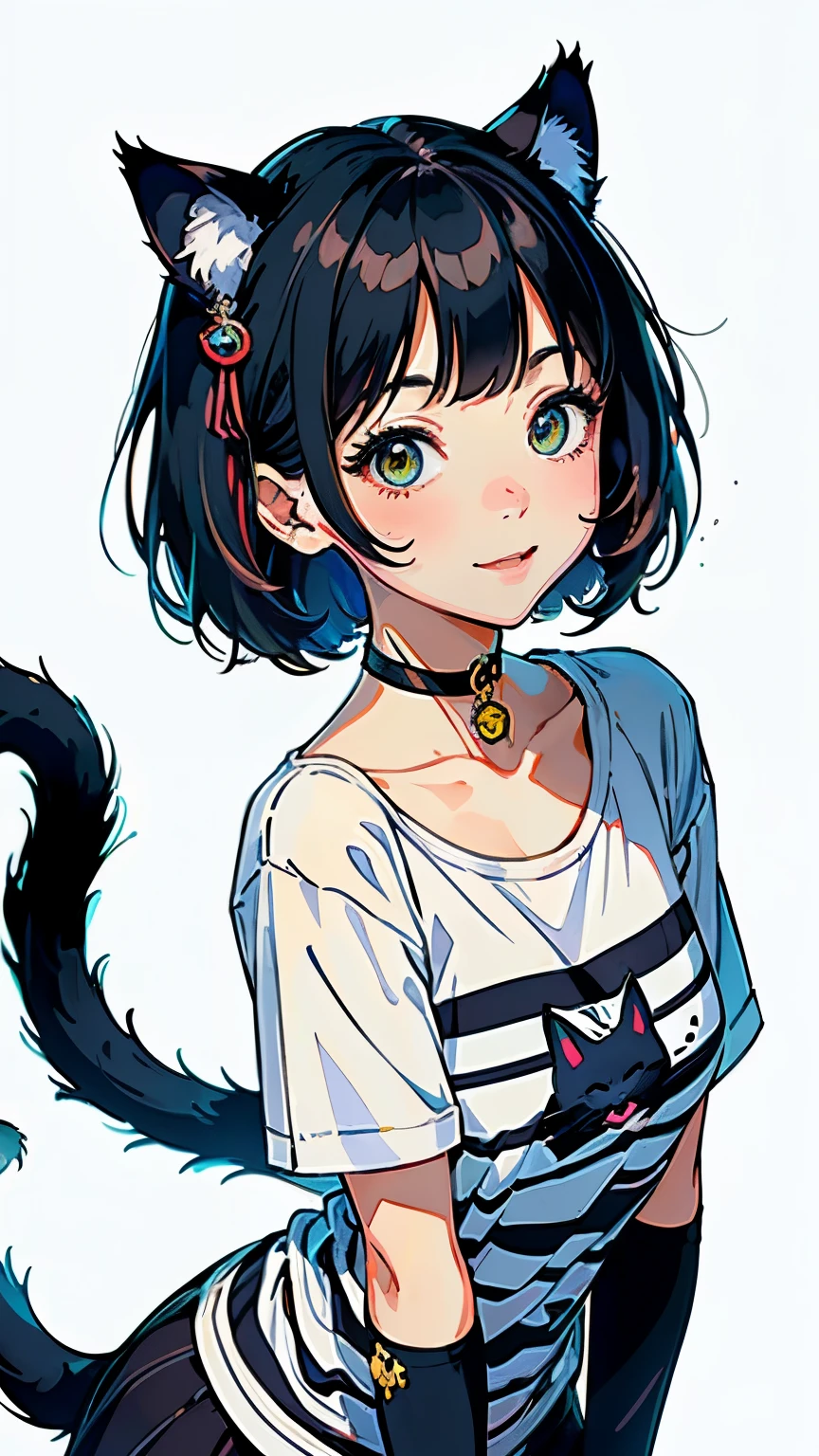 (highest quality, masterpiece, High resolution)、(anime art)、,cinematic light、soft light、girl、black hair、(Striped cat costume)、(looseTshirt)、Cat ear、bob cut、hair ornaments、choker、enchanting smile、small breasts、(cat pose)、Cat jarashi、((white background))、