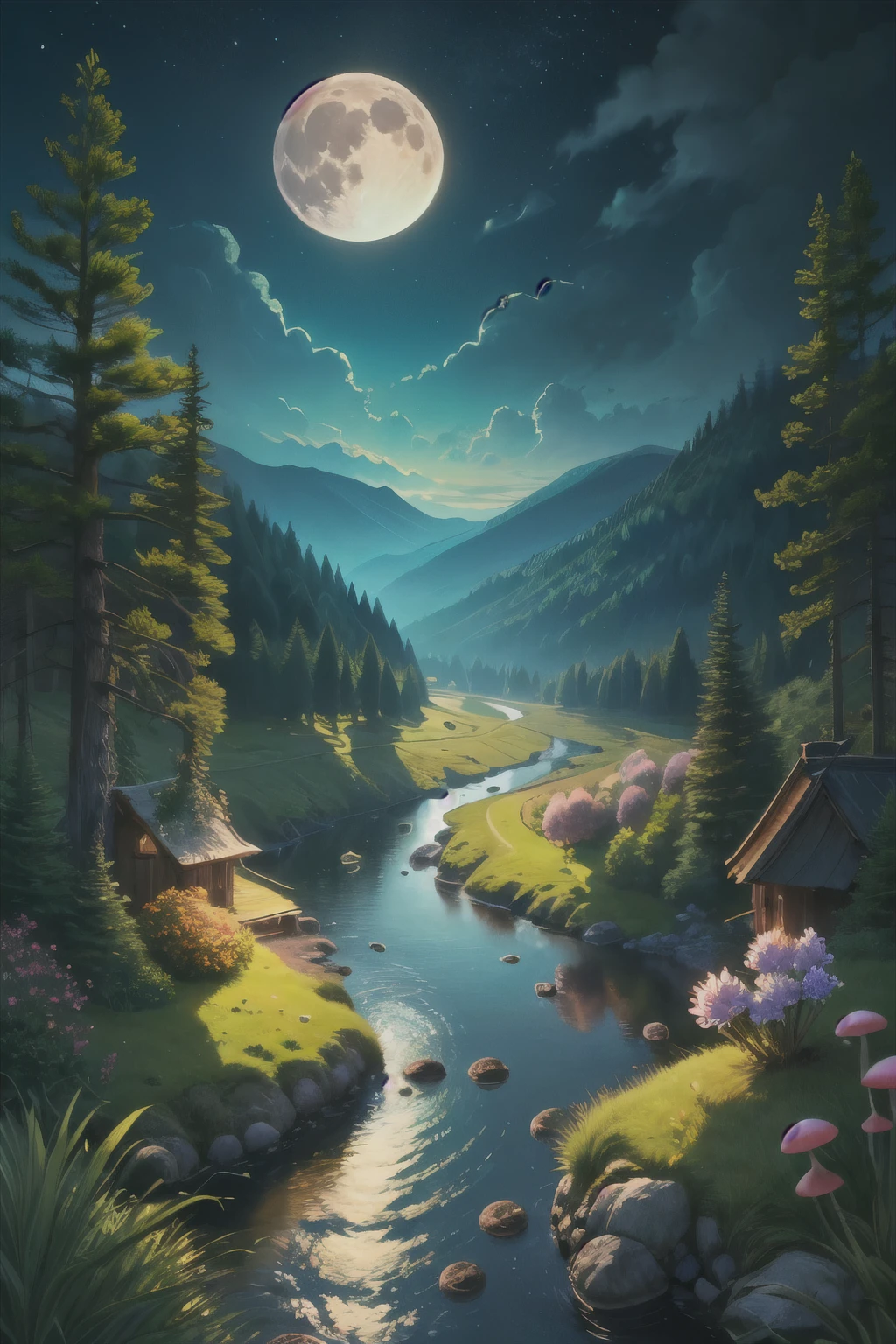 (Rolling mountains),moon,river,Fluorescent plants,forest,flowers and grass,firefly,mushroom