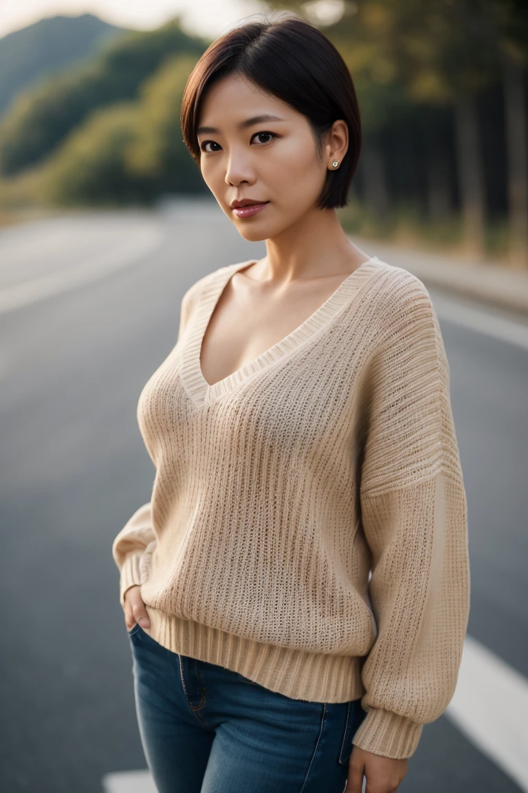 Portrait of a middle-aged Taiwanese woman, 40 years old, cute face, Slim, Tortitz, (big sagging:1.1), huge nipples, wear (Sexy v-neck sweater:1.2), standing on the road, Bokeh background, Simple background, (highly refined skin:1.0), (masterpiece:1.2) (lifelike:1.2) (Bokeh) (best quality) (intricate details) (8K) (high dynamic range) (analog film) (canon d5) (movie lighting) (sharp focus),short hair，Full body picture