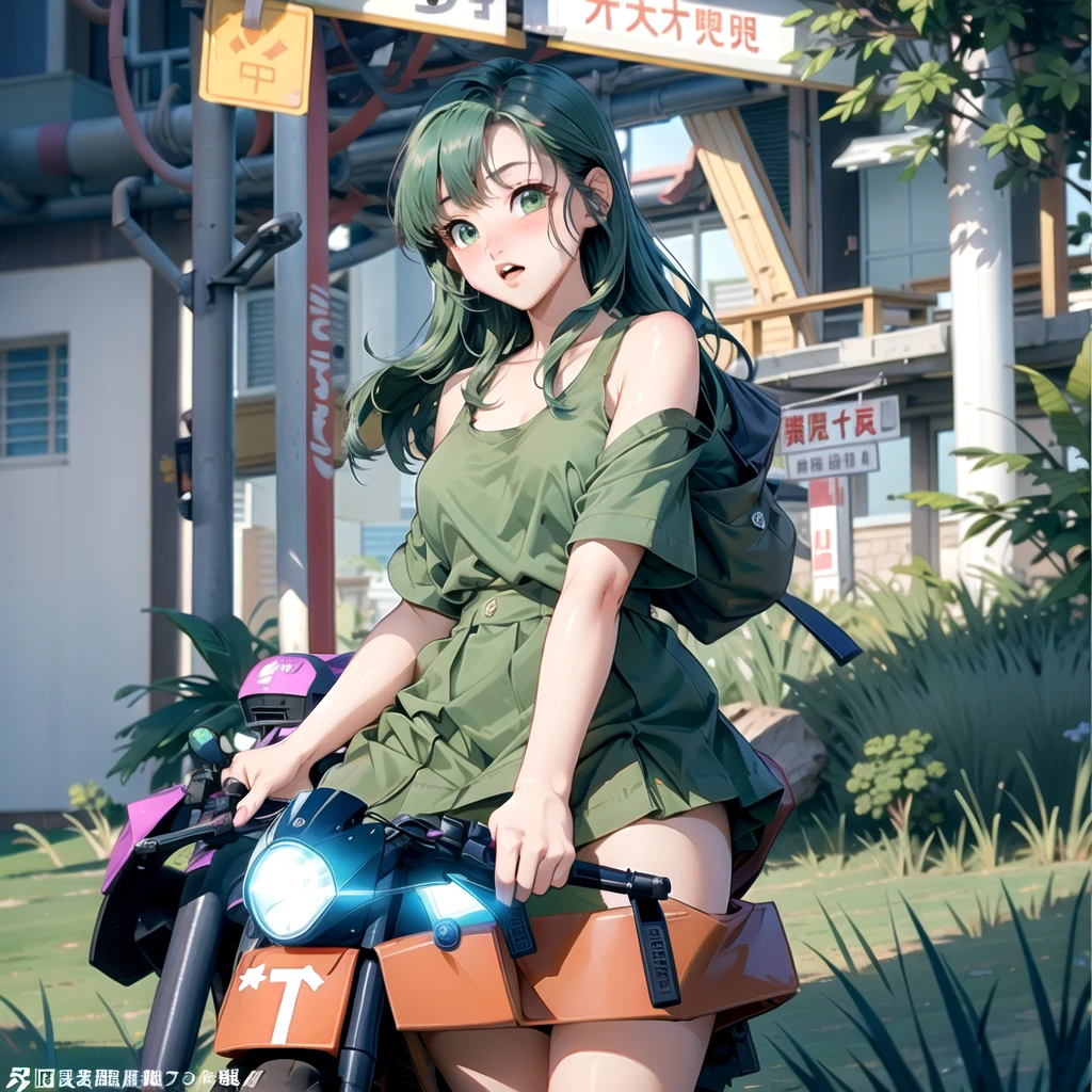 girl、(((one person)))、green eyes、green hair、long hair、mini skirt、Tank top、D cup bust、background blur、line of sight、blush、motorcycle、Vast wilderness、the way、Angle from below