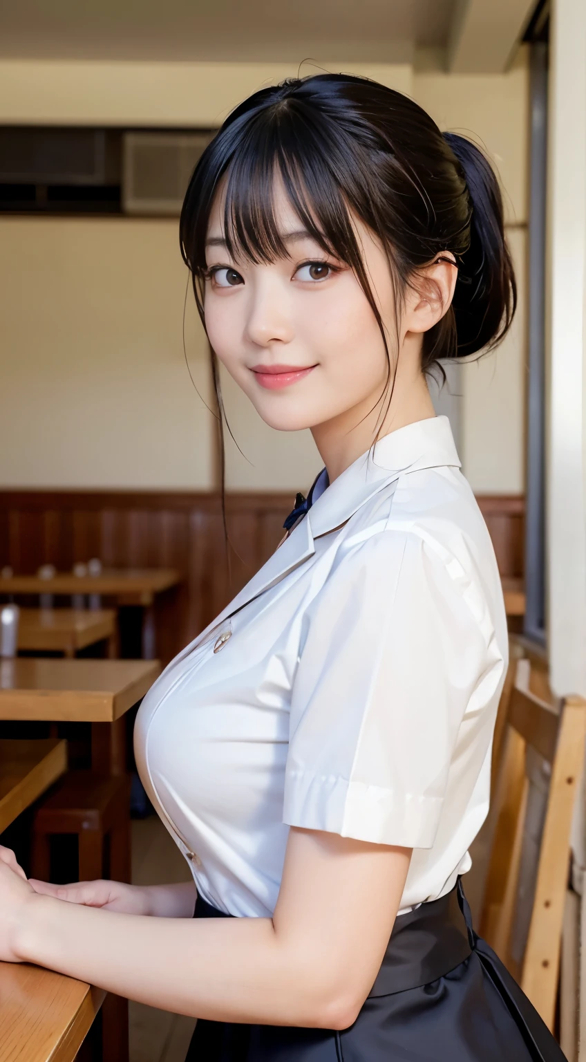 (highest quality,masterpiece:1.3,ultra high resolution,),(Super detailed,caustics),(Photoreal:1.4,RAW shooting,)ultra-realistic capture,very detailed,High resolution 16K human skin close-up。 natural skin texture、,The pores are、、、、Must be detailed enough to be easily identified。 Skin should look even-toned and healthy。 Use natural light and color,restaurant,waitress uniform,1 girl,Japanese,18-year-old,cute,black haired,ponytail,big breasts,smile,turn your body forward,(Front view:1.1),look at the camera,cowboy shot,