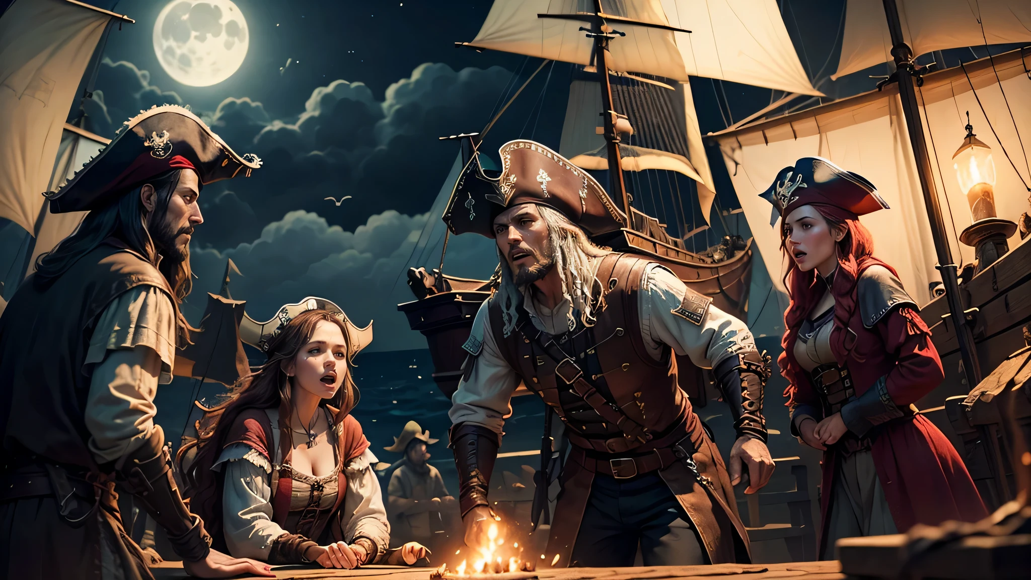 A chaotic scene on a medieval pirate ship under the moonlight, crew members in panic