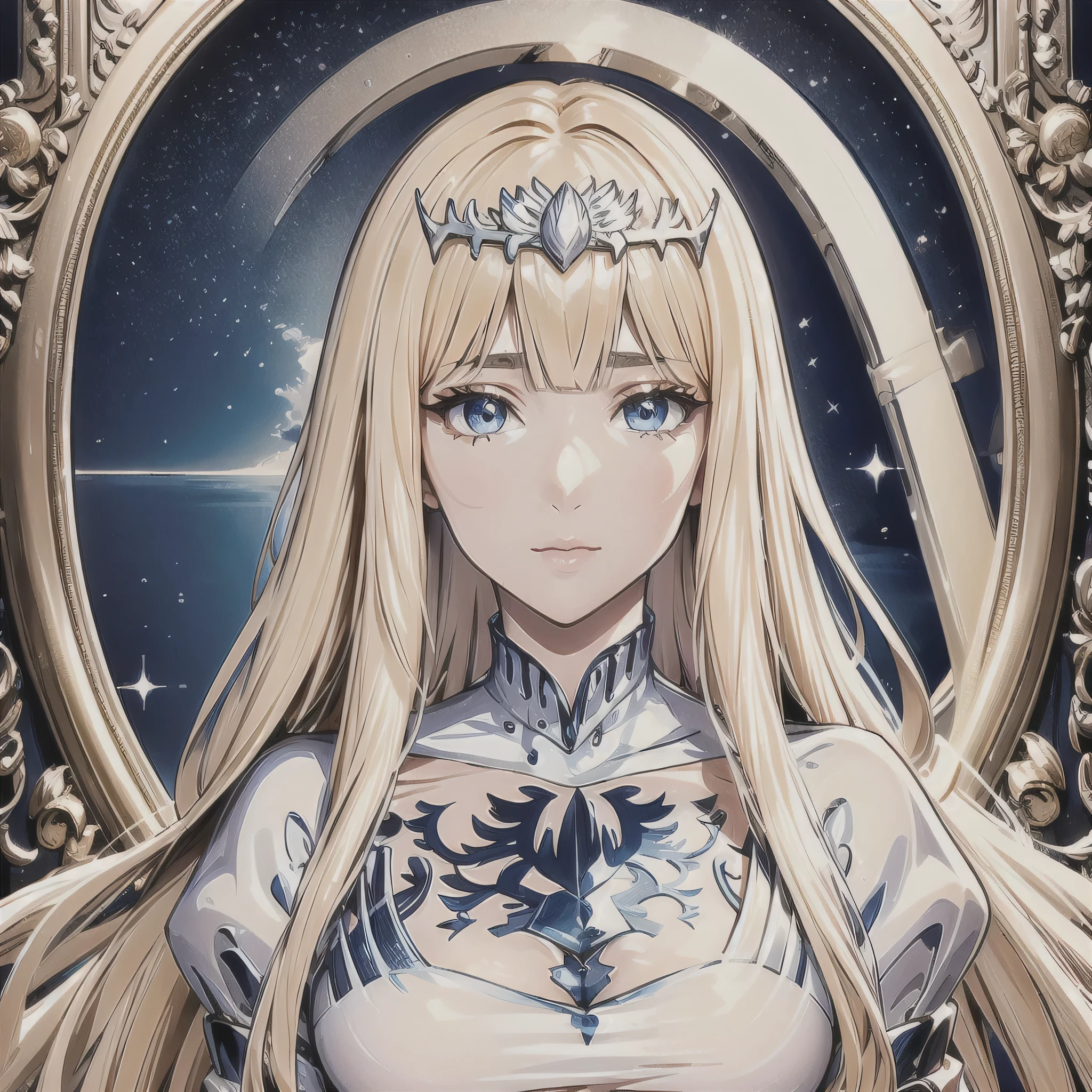 Masterpiece, best quality, official art, beautiful, lively texture, unique visuals, Magnificent details, cg.Very detailed, solidarity cooperation, 8K Wallpapers, Extremely beautiful Eyes, best quality, details first, very delicate, High quality, 1 girl,alone, Calcutta, Calcutta Bessarez, blonde hair, My hair is very long., My hair is very long., white tiara, silver tiara, white dress, blue eyes, Medium breast, 