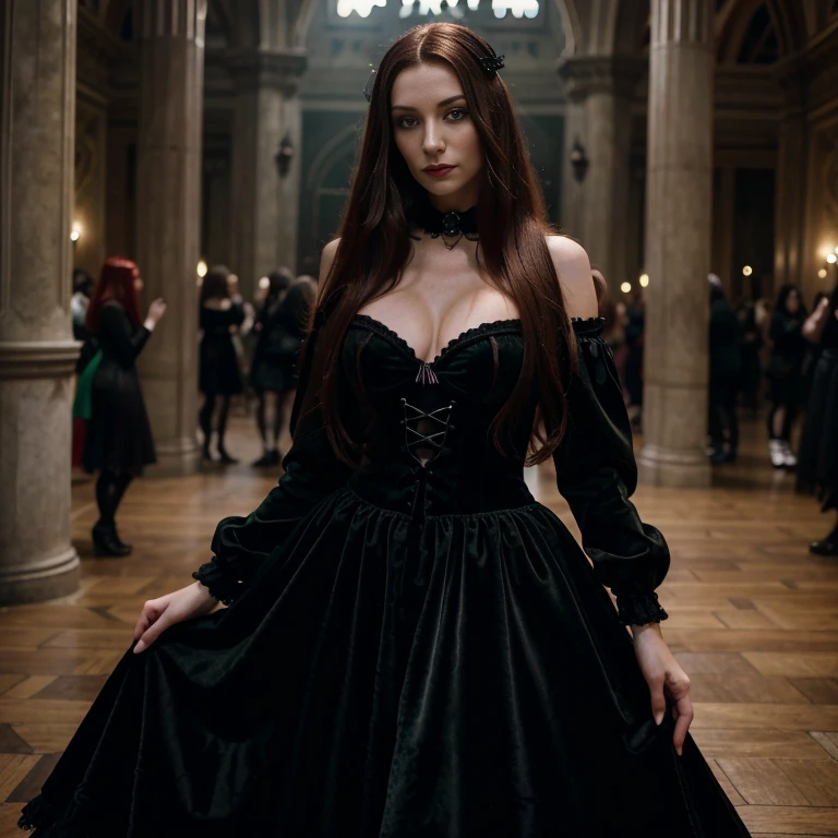 1 woman, European face, European eyes, pretty face, 30 years old, age 30, red long hair, green eyes, Gothic style, wearing a black velvet dress, ultra detailed face, hyperrealistic, realistic depiction, full body view, Gothic style, dancing at a gothic festival