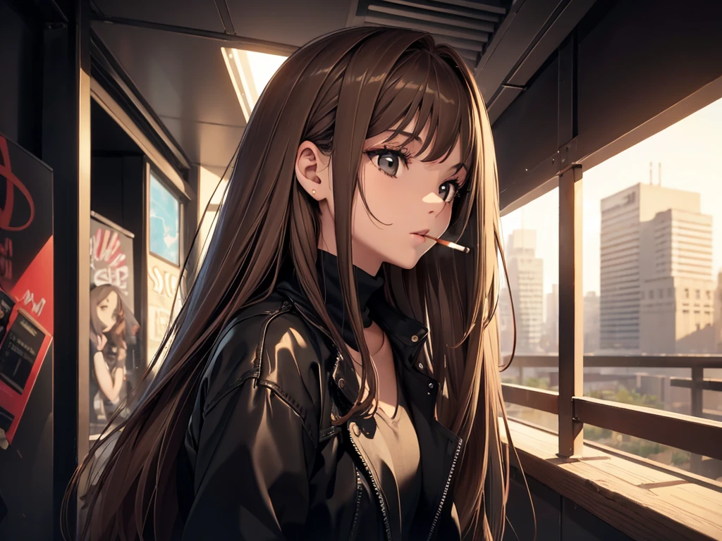 a girl smoking a cigarette, smoking, smoker, long brown hair, she's in extase, she's enjoying it, alone, black wall, (((masterpiece))), pov, the area is a squat, highly detailled face, she's running
