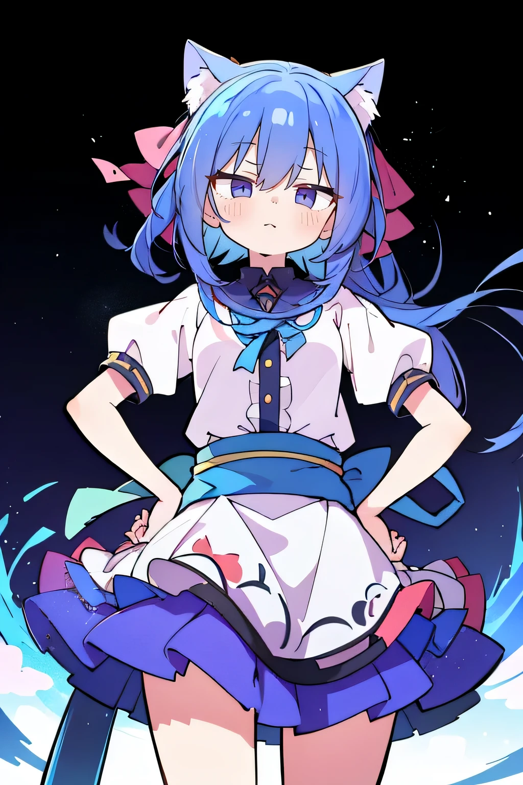 (masterpiece),best quality, expressive eyes, perfect face, 1girl,
Put your hands on your waist,fair, Gorgeous,Japanese cartoons,girl,lola,Hina Angel, blue hair, blue haired, floating clothes,Grab your waist, Grab your waist, hands on hips , hands on hips,sit, sit on ground, Legs on the ground, flat chest,starry sky,cat ear,