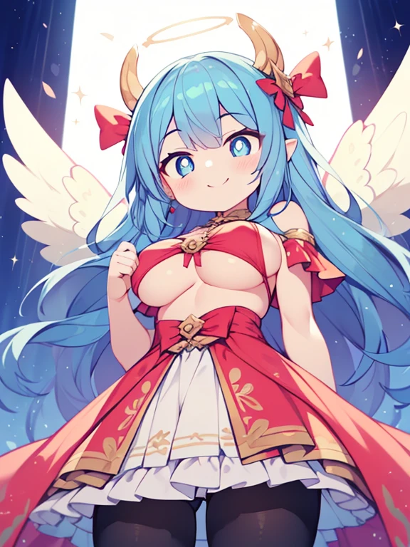 (angel girl:1.2), (1 person:1.2),( girl)、young girl、big breasts、 nffsw、shader、highly detailed eyes、big breasts、Loose long hair,、underboob、Lustrous cleavage、light blue hair、angel wings、silky hair、angel outfit(Pink sheer dress、Plain color、mini skirt、Plain colorのシルク手袋)、Very complex pupils、highest quality、bright colors、bust 100、rests、game portrait、stirring composition、Composition looking up from below、Lift your with your hands、Pose that emphasizes the chest、fold your arms、grinning expression、eyes half closed、open your mouth、stinky eyes、evil face、bullish smile、fold your hands behind your back、hide your hands、evil smile、whole body、god々new