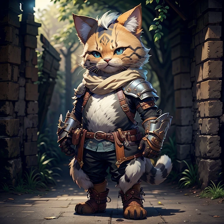 Solo,(The background of the story is a cat in boots),tchibi,3D rendering of,Q printmaking style,cgi cutscene, animated movie still, Animated Movies, furry fantasy art, 3 d animated movie,Anthropomorphic cat swordsman,(He was wearing a silver full armor),There is a hand guard sword around his waist,Walk on the grass in the setting sun