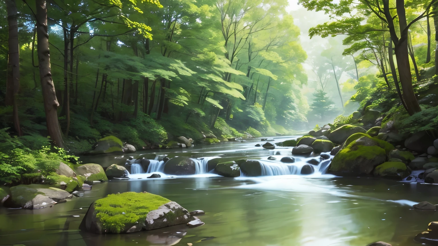 I took a photo of a peaceful moment spent in nature..。wood々Imagine a peaceful landscape bathed in soft morning light.。.。a gentle meandering stream、Surrounded by lush greenery。The overall atmosphere is calm and connected to the natural world.、Highlights the beauty and serenity of outdoor moments。