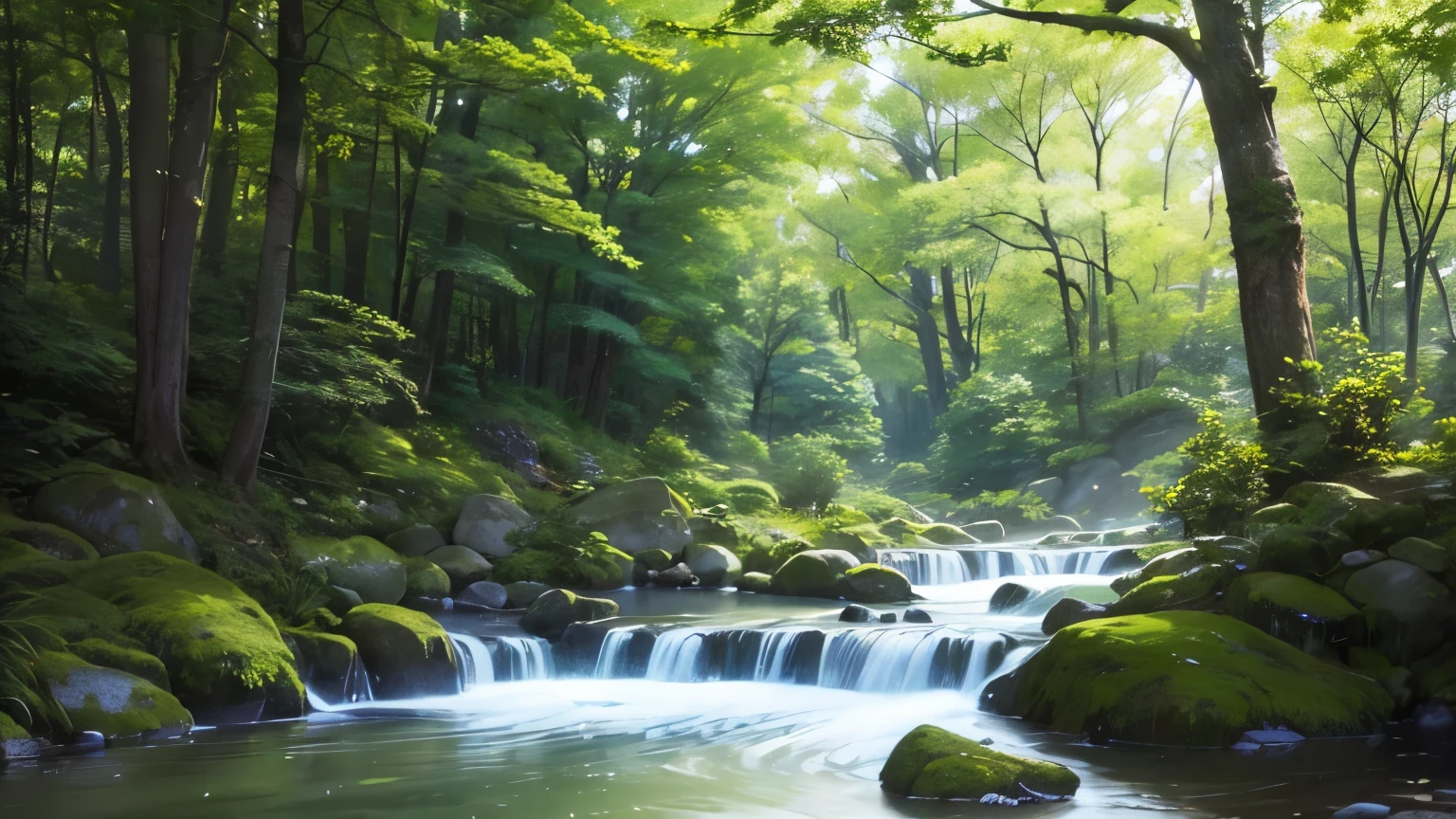 I took a photo of a peaceful moment spent in nature..。wood々Imagine a peaceful landscape bathed in soft morning light.。.。a gentle meandering stream、Surrounded by lush greenery。The overall atmosphere is calm and connected to the natural world.、Highlights the beauty and serenity of outdoor moments。