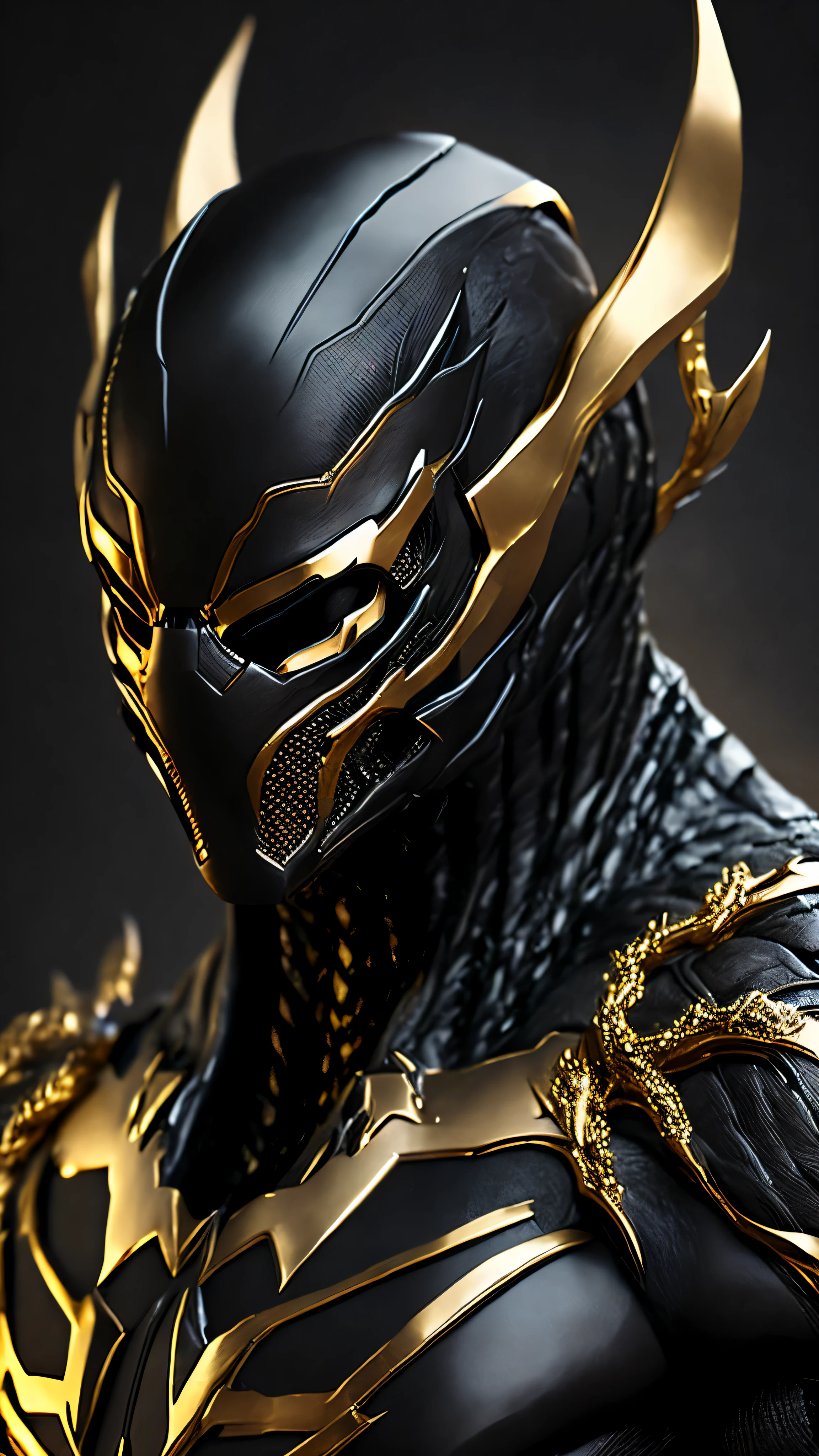 Close-up ( Steal metal black and gold venom from Marvel in Goth style: 1.3) emerging from the reflective steal metal, extremely detailed, smoke, sparks, metal shavings, flying debris, volumetric light