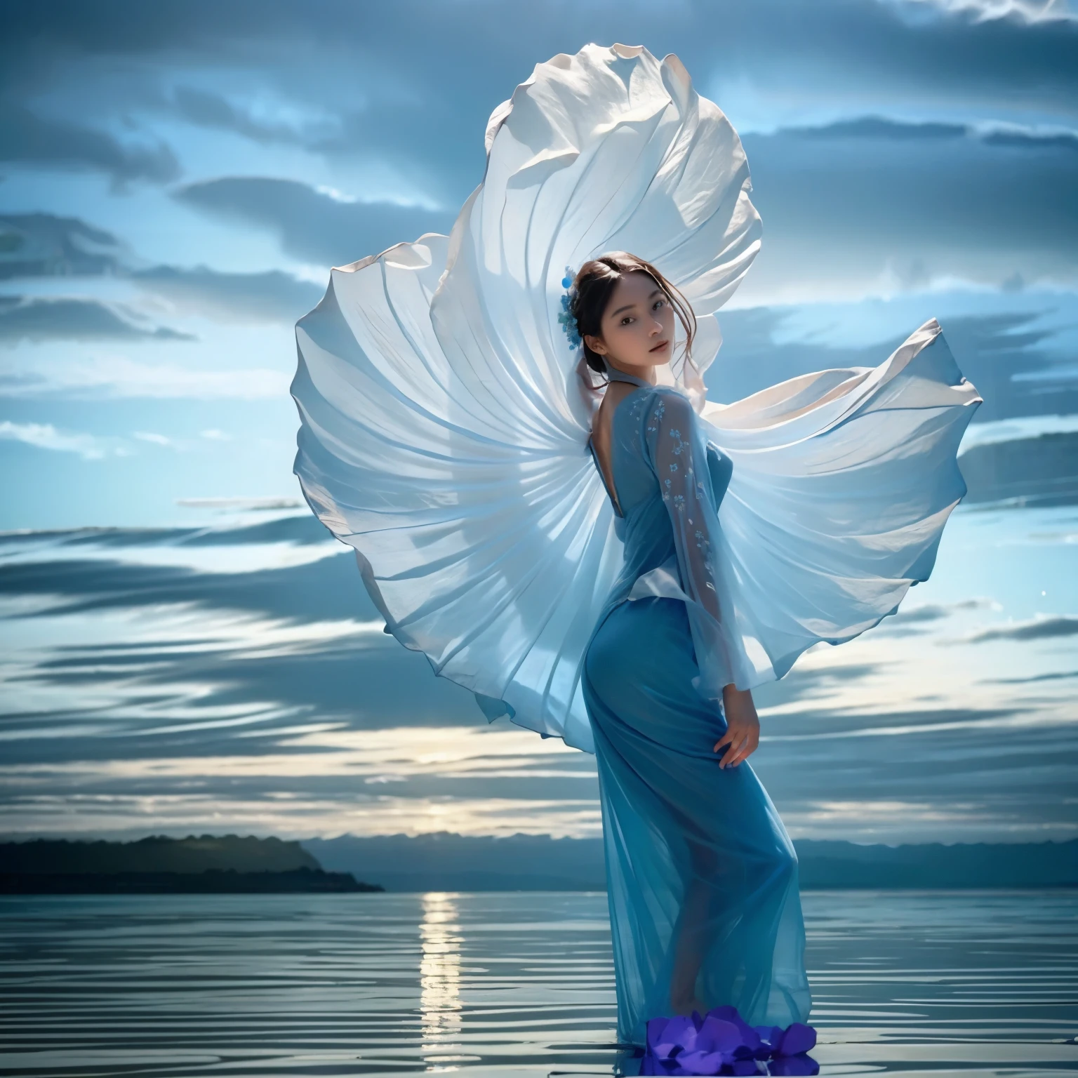 realistic, realistic, photography, masterpiece, best quality, super detailed, 1 girl, water, flower, blue theme, dress, moon, standing in water, flowing dress, flowers, petals, minimalism, seascape, seascape,sea, full moon