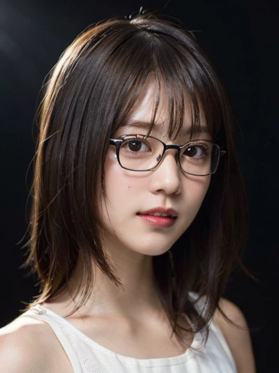 (8K、RAW photography、top-quality、tmasterpiece:1.2)、(hentail realism、Photorealsitic:1.37)、ultra - detailed、超A high resolution、1 rapariga、see the beholder、beautifull detailed face、A smile、shrinks、(Slim waist) :1.3)、white summer clothes、beautiful detailed skin、Skin texture、Floating hair、Braided hair、Professional lighting、Downtown at night、((black square glasses )) 、full bodyesbian、Brown hair