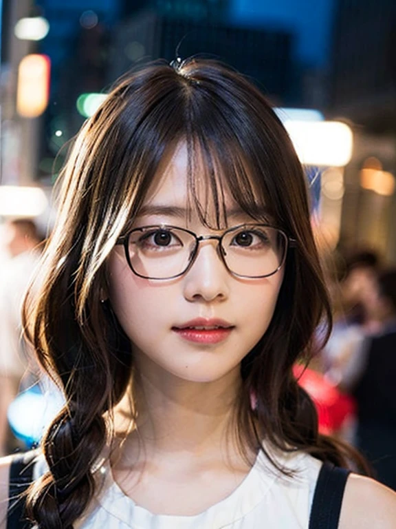 (8K、RAW photography、top-quality、tmasterpiece:1.2)、(hentail realism、Photorealsitic:1.37)、ultra - detailed、超A high resolution、1 rapariga、see the beholder、beautifull detailed face、A smile、shrinks、(Slim waist) :1.3)、white summer clothes、beautiful detailed skin、Skin texture、Floating hair、Braided hair、Professional lighting、Downtown at night、((black square glasses )) 、full bodyesbian、Brown hair