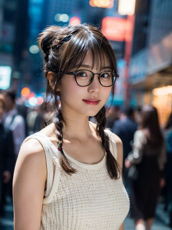 (8K、RAW photography、top-quality、tmasterpiece:1.2)、(hentail realism、Photorealsitic:1.37)、ultra - detailed、超A high resolution、1 rapariga、see the beholder、beautifull detailed face、A smile、shrinks、(Slim waist) :1.3)、white summer clothes、beautiful detailed skin、Skin texture、Floating hair、Braided hair、Professional lighting、Downtown at night、((black square glasses )) 、full bodyesbian、Brown hair