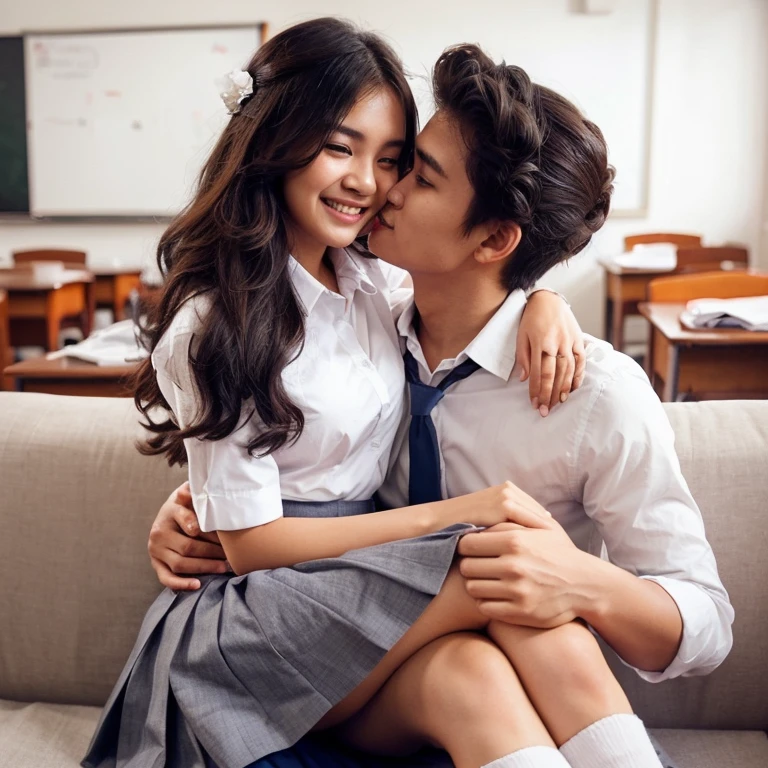 Romantic couple, (romantic hug), a young Indonesian woman, kiss, wearing school clothes, white shirt, bluish gray mini skirt, updo hairstyle, cheerful laugh. sitting on the sofa. classroom background.