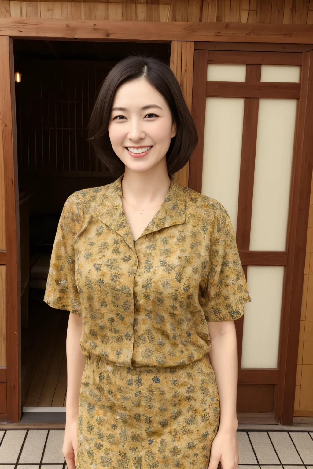 portrait、8K、high quality、realistic photo images、39 years old、japanese woman、decent wife、young proprietress of an inn、Reproduces natural and realistic eyes、japanese stand、、美しいblack hair、short hair、light makeup、octane rendering、beautiful lighting、composition of golden ratio、laughter、Clothes with short sleeves、Short sleeve work clothes.、Short-sleeved Samue、short skirt、mini skirtの服装、mini skirt、とてもshort skirt、I can see your panties、Standing at the entrance to a hot spring inn、Ryokan Sandals、Welcome customers、welcome、Hot spring inn entrance background、4k、High level image quality、realistic photo images、japanese woman、39 years old、Pure Japanese humanity、beautiful wife、Upper body、Close-up image、larger bust、beautiful bust、light makeup、、neat beauty、mature woman、refreshing smile、open your mouth、black hair、black eye、