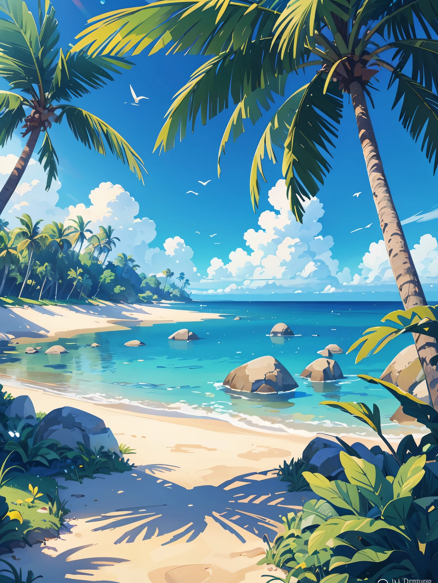 (illustrations : 1.0), Epic composition, photorealistic lighting, HD detail, ​masterpiece, Best quality at best, (Highly detailed CG integrated 8k wallpaper) , blue sky, blue ocean, The sea seen from the coastal forest, palm tree in the middle of the screen