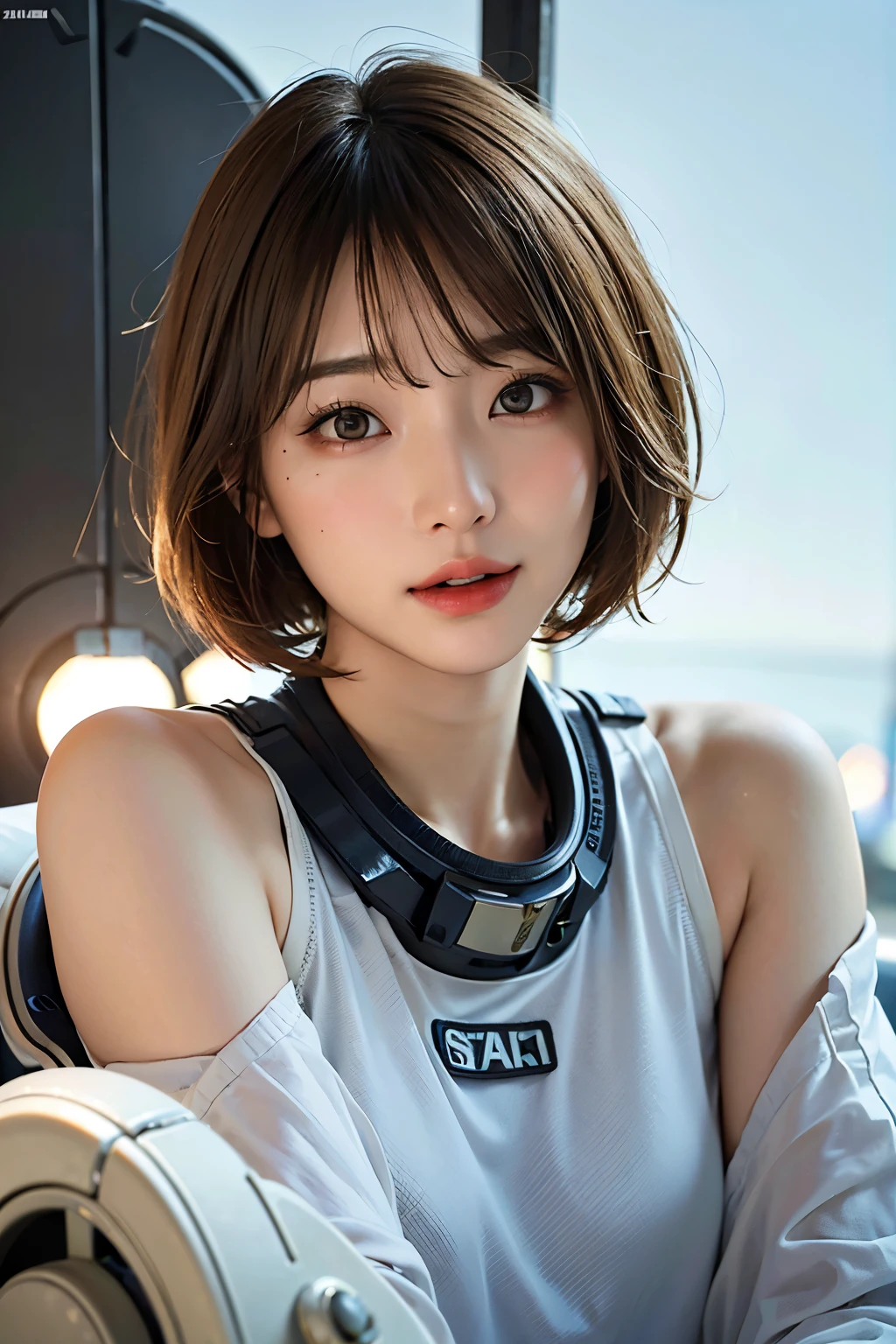highest quality、masterpiece、ultra high resolution、(real:1.4)、Beautiful woman1、Beautiful details of eyes and skin、light brown short cut hair、small smile、latest space suit、space station、spaceship、Remains、cloudy sky、