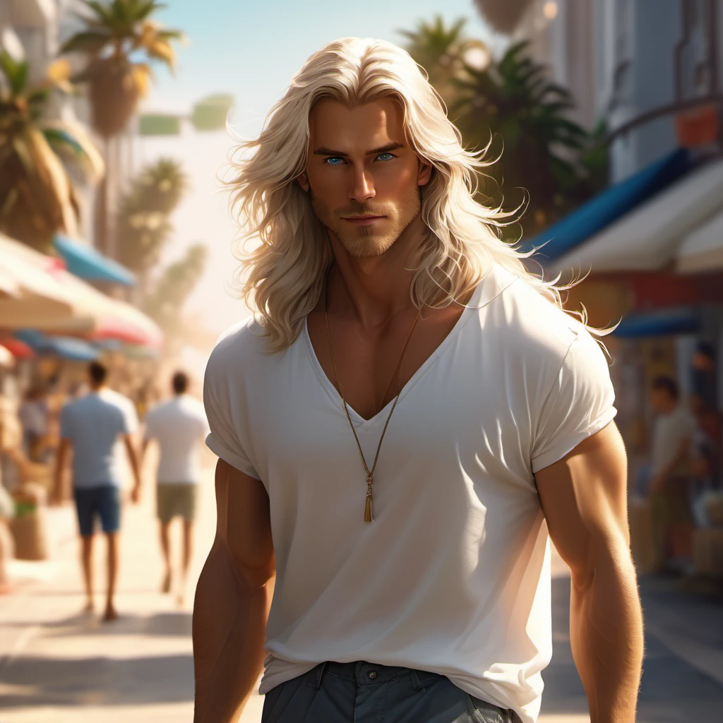 A tall, handsome, stately, masculine majestic man, he has long straight silver-platinum hair, gray-blue eyes, athletic build, he is dressed in light jeans and a white T-shirt. He walks barefoot along an empty ocean beach, next to him holding his hand, there is an incredibly beautiful fragile delicate girl of short stature, golden-haired blonde with long golden hair, blue eyes, she is dressed in a light white short summer silk sundress, she walks barefoot, in her hands she has white sandals. They are in love with each other. Masterpiece, perfect drawing, realistic drawing, full-length drawing, detailed study, 8k. full-length image, realistic image, dynamic image, detailed image. an extremely detailed illustration, a real masterpiece of the highest quality, with careful drawing. anime style.