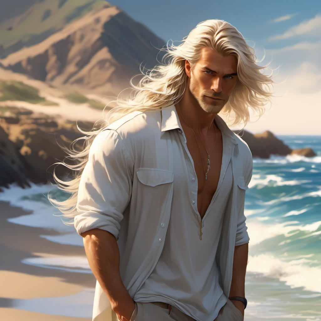 A tall, handsome, stately, masculine majestic man, he has long straight silver-platinum hair, gray-blue eyes, athletic build, he is dressed in light jeans and a white T-shirt. He walks barefoot along an empty ocean beach, next to him holding his hand, there is an incredibly beautiful fragile delicate girl of short stature, golden-haired blonde with long golden hair, blue eyes, she is dressed in a light white short summer silk sundress, she walks barefoot, in her hands she has white sandals. They are in love with each other. Masterpiece, perfect drawing, realistic drawing, full-length drawing, detailed study, 8k. full-length image, realistic image, dynamic image, detailed image. an extremely detailed illustration, a real masterpiece of the highest quality, with careful drawing. anime style.