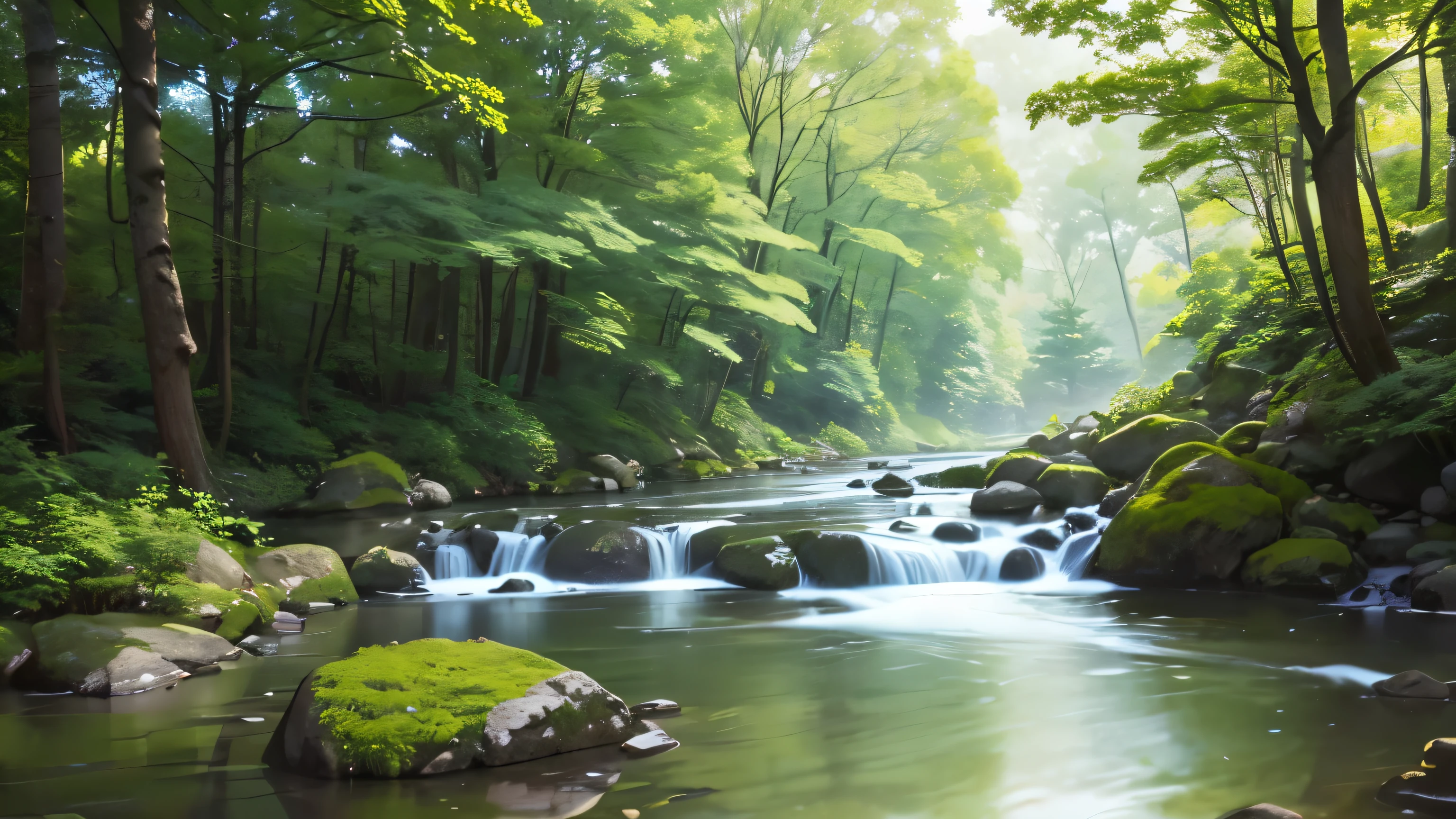 I took a photo of a peaceful moment spent in nature..。wood々Imagine a peaceful landscape bathed in soft morning light.。.。a gentle meandering stream、Surrounded by lush greenery。The overall atmosphere is calm and connected to the natural world.、Highlights the beauty and serenity of outdoor moments。