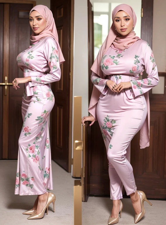 (Best quality, high resolution, masterpiece: 1.3), a beautiful malay woman in hijab, big breasts, slim figure, sweatshirt, beautifully presented details in the street and facial and skin texture, detailed eyes, double eyelids, big eyeschest visible, shirt openfeatures), HDR, 8k resolution, nice fingers, firm skin, (((high detail skin, visible pores))), 1 female, tall body, sitting on the bed, 30 years old, big breasts: 1.4, wearing Floral Silk Tight Malay Gamis Pastel Close Up Tight Hijab, Full Body, Beautiful Shy Smile, Wearing High Heels, In Lux