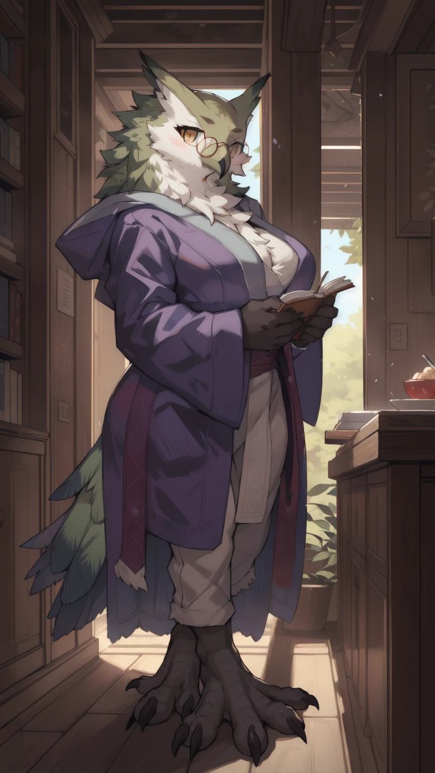 solo, 1girl, female, furry female, bird, avian, owl, big tits, robe, glasses, green feathers, random pose, ramona_uo, detailed background, (cute anatomy:1.1), highly detailed, hyper realistic, soft lighting, (masterpiece:1.2),(best quality:1.2), (extreme detailed illustration),(by zackary911:1.3),(by taran fiddler:1.1), (by jay naylor, spectrumshift,iskra:1.2, syuro:1.0),(by hioshiru),(by Meesh),(by riska),