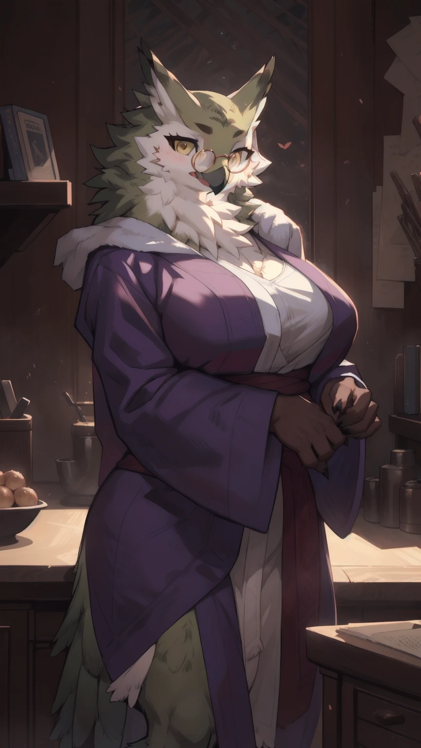 solo, 1girl, female, furry female, bird, avian, owl, big tits, robe, glasses, green feathers, random pose, ramona_uo, detailed background, (cute anatomy:1.1), highly detailed, hyper realistic, soft lighting, (masterpiece:1.2),(best quality:1.2), (extreme detailed illustration),(by zackary911:1.3),(by taran fiddler:1.1), (by jay naylor, spectrumshift,iskra:1.2, syuro:1.0),(by hioshiru),(by Meesh),(by riska),