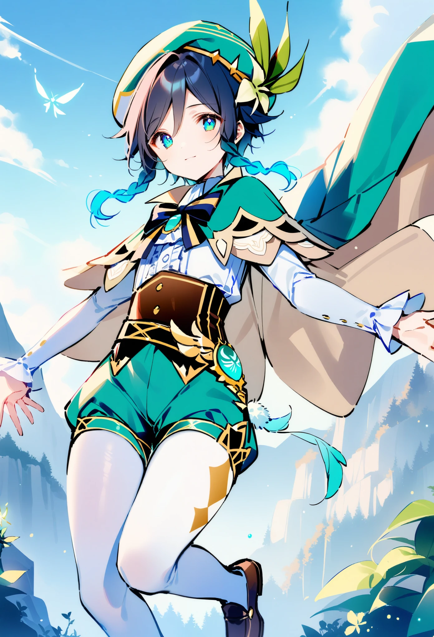 anime, 1boy, venti, genshin_impact, dsmile, soft pastel, best quality, absurdres, very aesthetic, flat chest, beautiful blue green gradient eyes, shorts, white pantyhose, cape, hat, feathers, clouds, crystalflies, mountains in background, large tree, vines, long lashes, full body