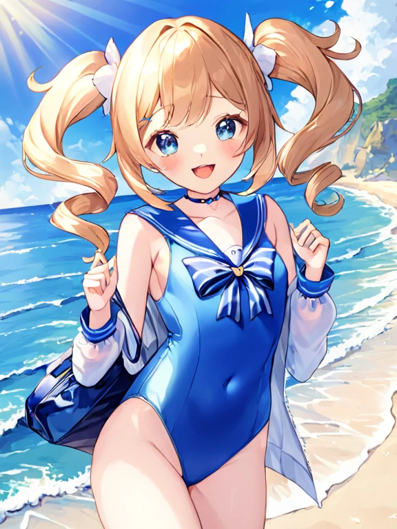 Super detailed,(highest quality),((masterpiece)),(High resolution),very,barbara, 1 girl, swimsuit, twin tails, one-piece swimsuit, open your mouth, smile, covered navel, have, alone, looking at the viewer, beach, choker, Official alternate costume, removed sleeve, Ocean, null, bag, blue null, blue one-piece swimsuit, outdoor, hair ornaments, twin drill, long sleeve, bow, Day, sailor have, :d, sailor collar