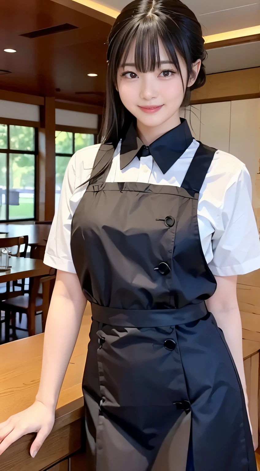 (highest quality,masterpiece:1.3,ultra high resolution,),(Super detailed,caustics),(Photoreal:1.4,RAW shooting,)ultra-realistic capture,very detailed,High resolution 16K human skin close-up。 natural skin texture、,The pores are、、、、Must be detailed enough to be easily identified。 Skin should look even-toned and healthy。 Use natural light and color,restaurant,waitress uniform,1 girl,Japanese,18-year-old,cute,black haired,ponytail,big breasts,smile,turn your body forward,(Front view:1.1),look at the camera,cowboy shot,