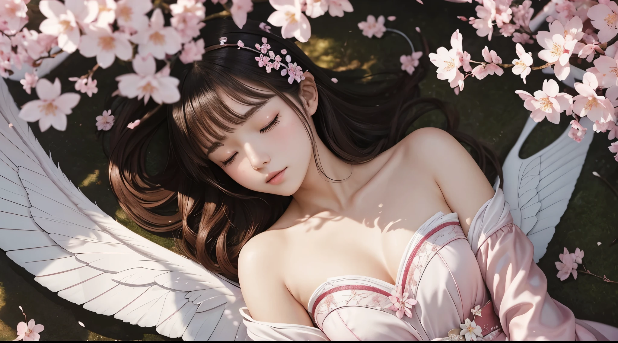 A beautiful fairy with wings、Sleeping、目を閉じてSleeping、With the fairy in front、Upper body、bangs、close up of face、glossy lips、afternoon library、sunlight filtering through the foliage、high resolution、mysterious、high resolution、 Around her are bright cherry blossoms and a quiet carp pond. The scenes are drawn using a combination of illustration and photorealism, cherry blossoms吹雪,Highly detailed brush strokes and sharpness, bright colors. Lighting that highlights the elegance of the ユニフォーム, gives softness to the skin, porcelain shine。. Artwork is of the highest quality, Exquisite costume details on display, cherry blossoms,