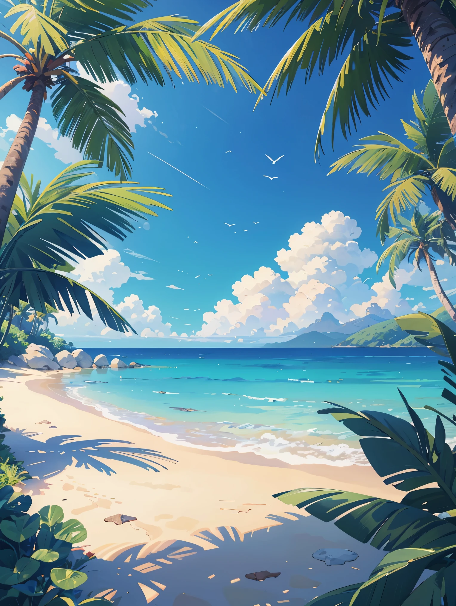 (illustrations : 1.0), Epic composition, photorealistic lighting, HD detail, ​masterpiece, Best quality at best, (Highly detailed CG integrated 8k wallpaper) , blue sky, blue ocean, The sea seen from the coastal forest, palm tree in the middle of the screen