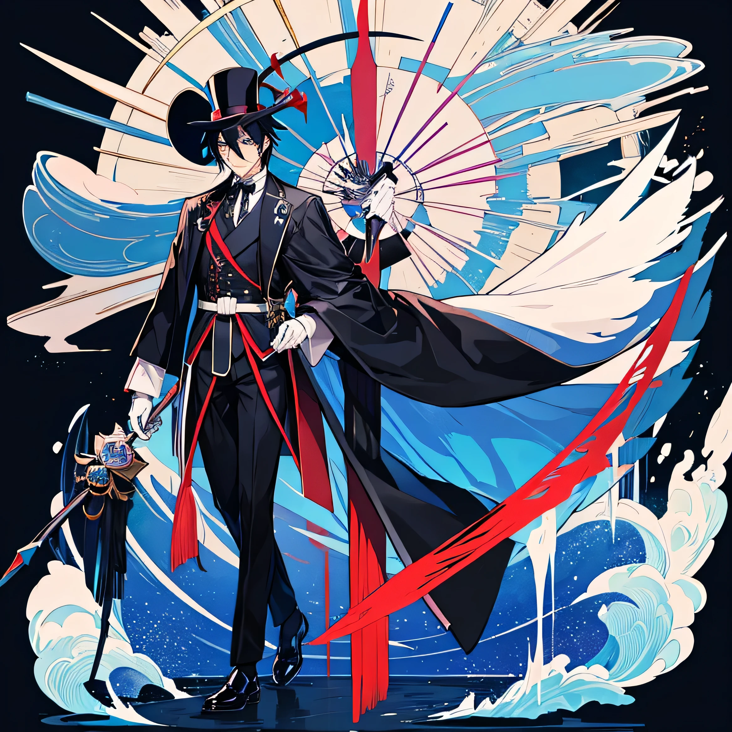 A Japanese man with black hair and blue eyes Black clown hat and walking stick Black tailcoat and pointed leather shoes Clown mask and white gloves In the background, tarot cards are flying in the wind.