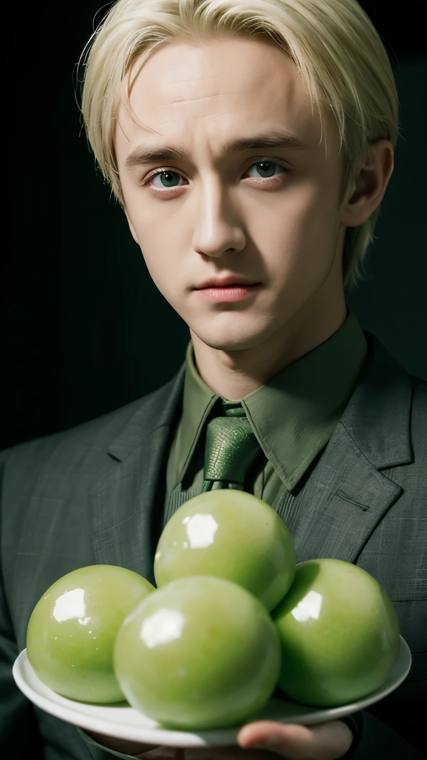 Mini green glutinous rice balls，Transparent little balls，Draco Malfoy played by Tom Felton,Handsome，young，meticulous portrait