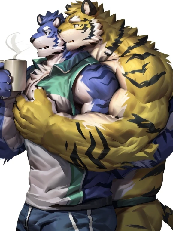 two muscular tiger , furry chest, muscular green tiger hug muscular tiger back, muscular green tiger stand behind, hug from behind, white background, perfect hand, perfect antomy, thick furry neck and chest fluff, handhold cup of coffee, kiss, hand into jock, side view, jock, having sex, by lindong, by nullghost