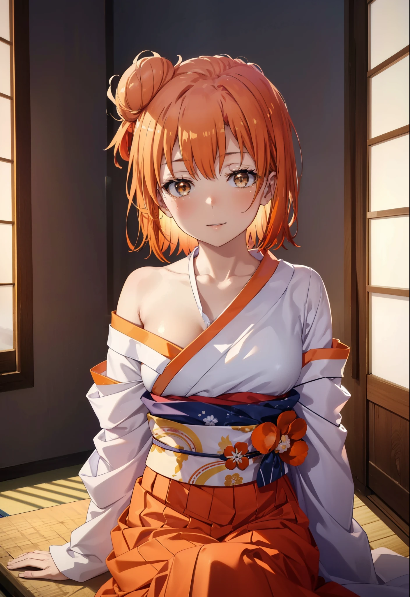 yuiyuigahama, yui yuigahama, short hair, (brown eyes:1.5), (orange hair:1.2), happy smile, smile, open your mouth,bun hair, single bun hair,bare shoulders,naked neck,bare clavicle, red gorgeous kimono,Red long skirt,white foot bag,tatami,sitting,sexy pose,
break indoors, Japanese style room,
break looking at viewer, (cowboy shot:1.5),
break (masterpiece:1.2), highest quality, High resolution, unity 8k wallpaper, (figure:0.8), (detailed and beautiful eyes:1.6), highly detailed face, perfect lighting, Very detailed CG, (perfect hands, perfect anatomy),